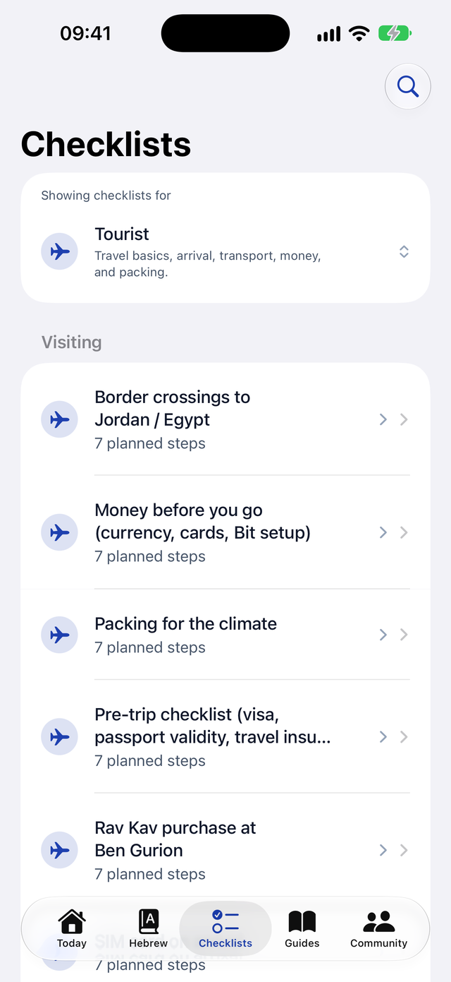 IsraYeah Checklists filtered for a tourist, with steps for border crossings, money, packing and a Rav Kav card at Ben Gurion