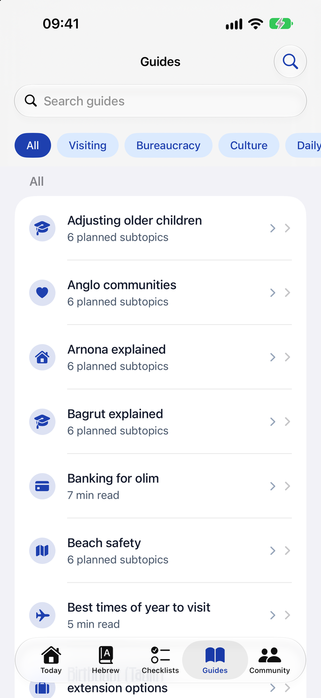 IsraYeah Guides with search, topic filters and guides such as Banking for olim and Best times of year to visit